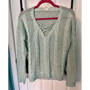 Aeropostale Womens Sweater Pullover Lace Up VNeck Light Blue Size M Lightly Worn